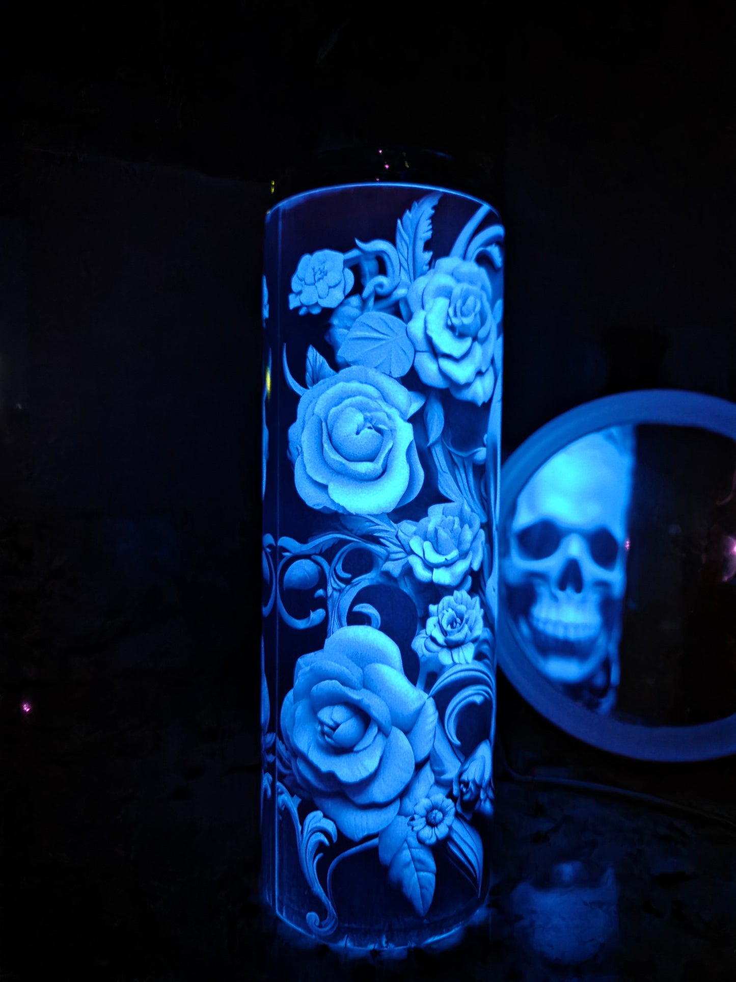20 oz Skinny Stainless Tumbler (RTS) - Glow in the Dark Skull and Roses