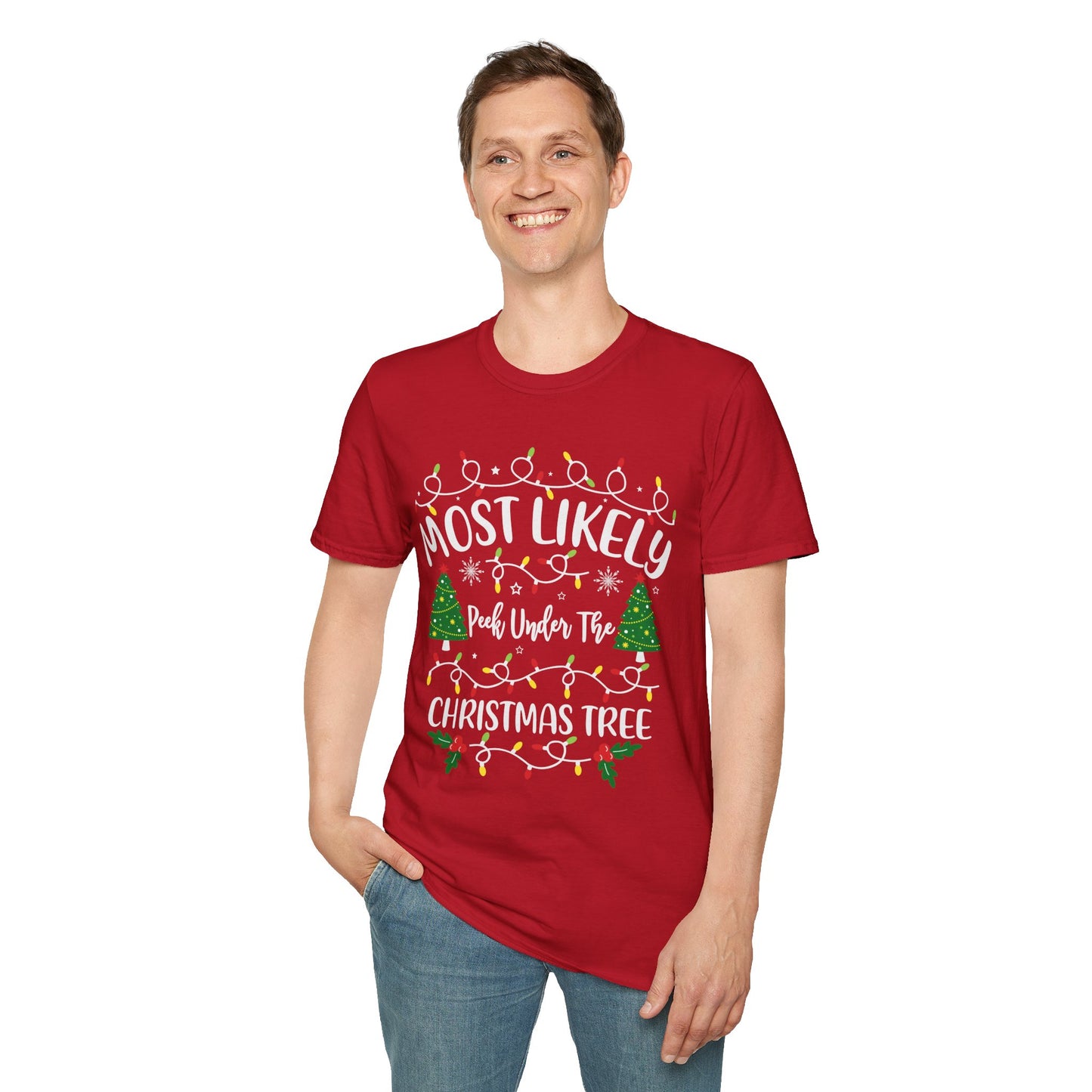 Funny Christmas T-Shirt - Most Likely to Peek Under the Christmas Tree