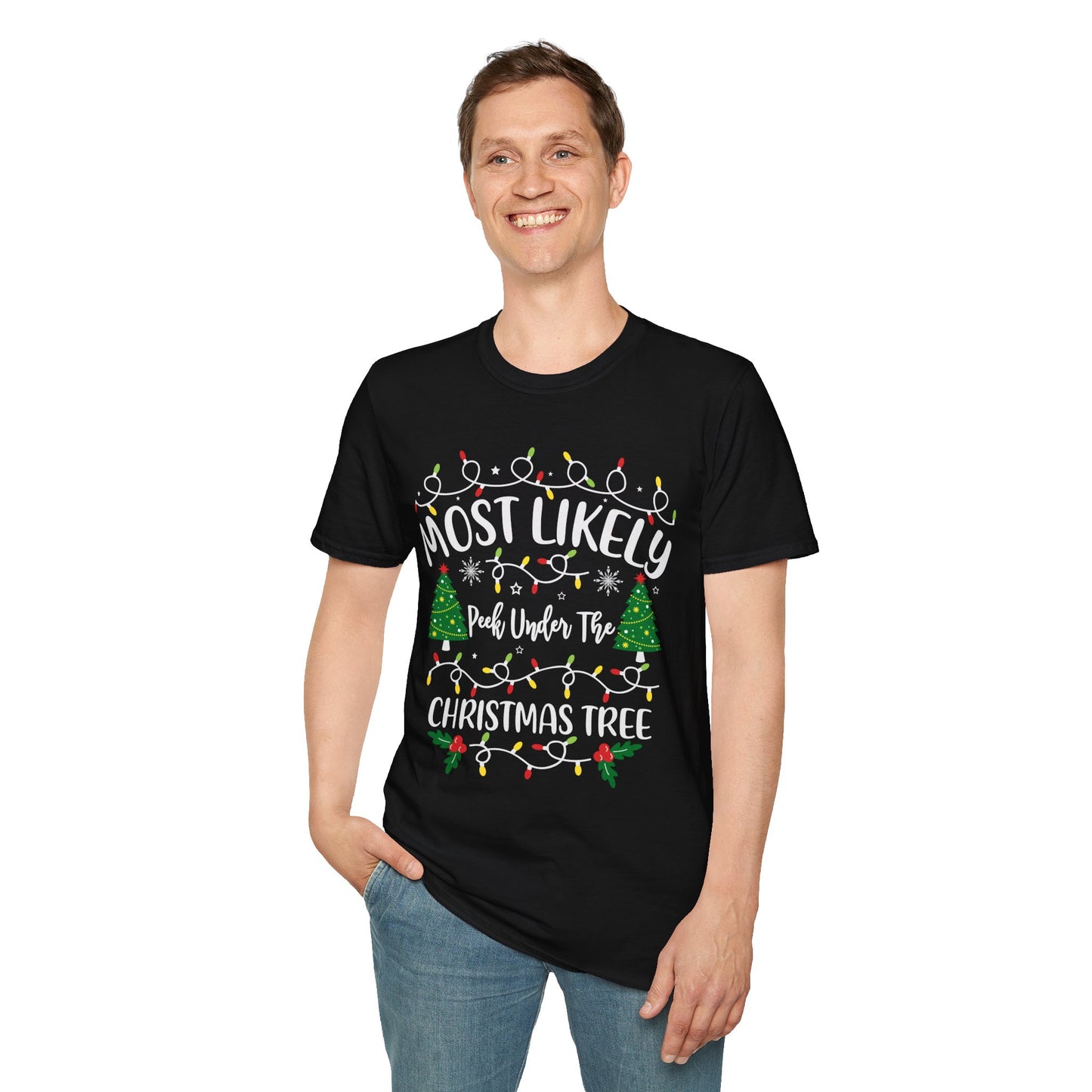 Funny Christmas T-Shirt - Most Likely to Peek Under the Christmas Tree