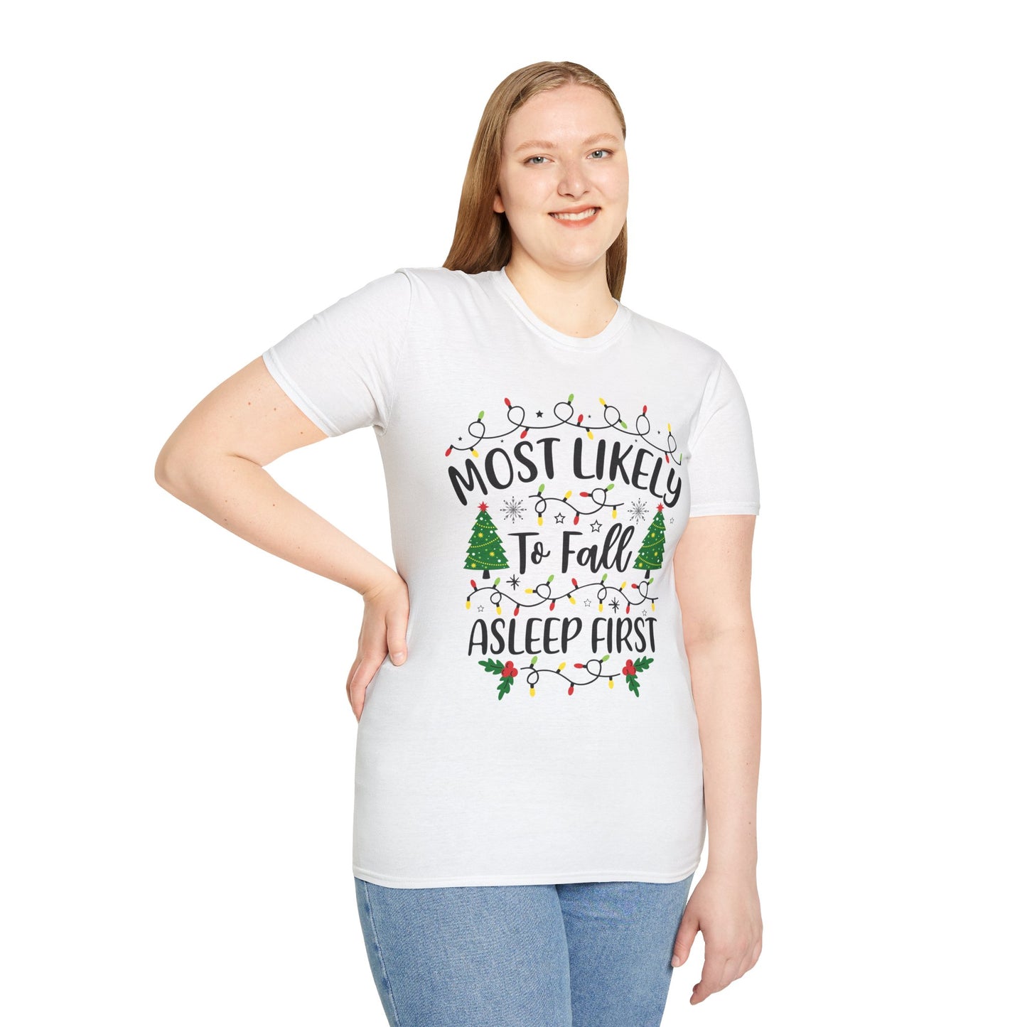 Festive Humor T-Shirt - Most Likely to Fall Asleep First