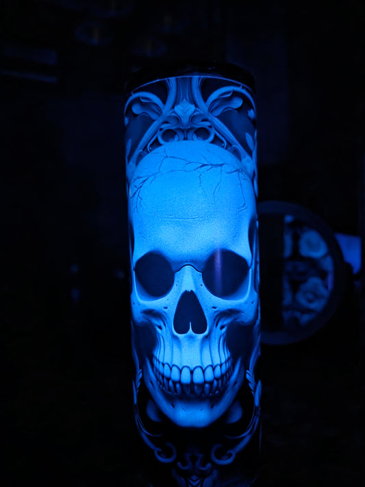 20 oz Skinny Stainless Tumbler (RTS) - Glow in the Dark Skull and Roses