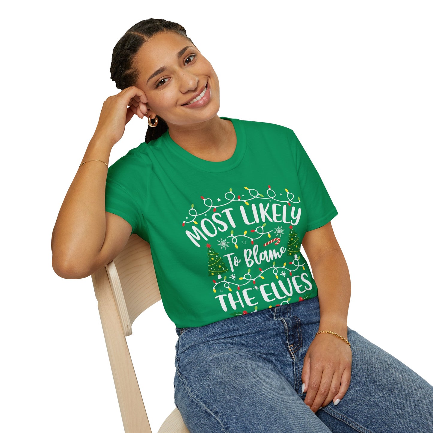 Funny Christmas Unisex T-Shirt - 'Most Likely To Blame The Elves'