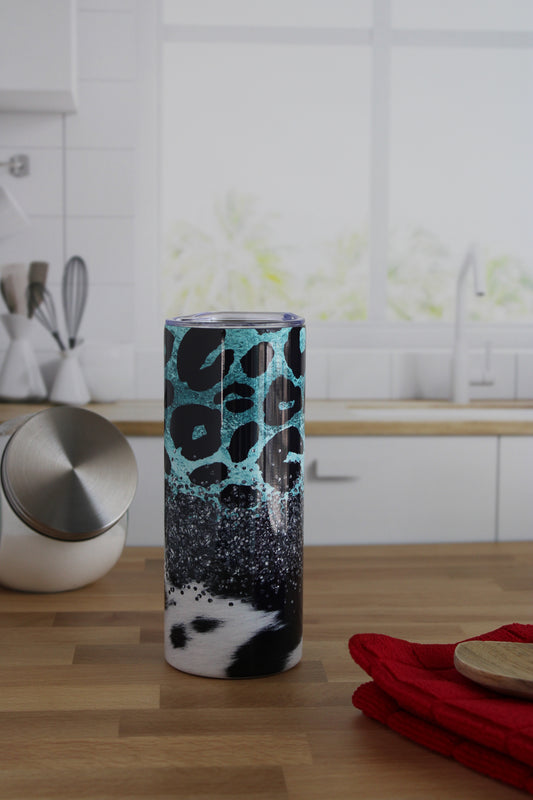 20 oz Skinny Stainless Tumbler (RTS) - Turquoise Leopard, Cowhide and Glitter