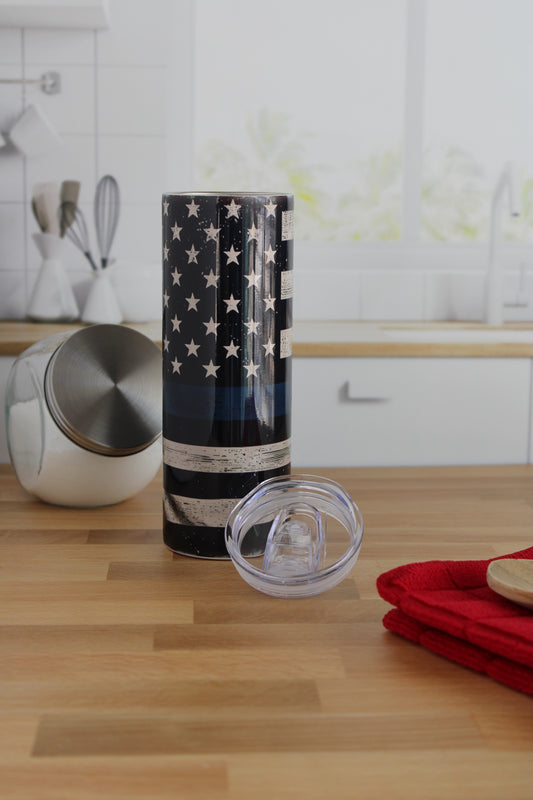 20 oz Skinny Stainless Tumbler (RTS) - Rustic Thin Blue Line Flag