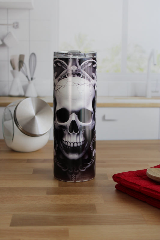 20 oz Skinny Stainless Tumbler (RTS) - Glow in the Dark Skull and Roses